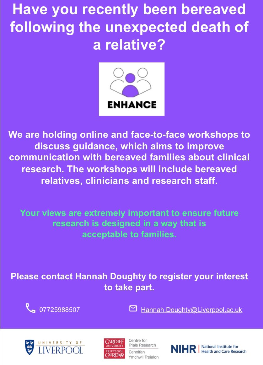 Enhance Study (@enhancstudy) on Twitter photo We need help understanding how to communicate with #bereaved family’s about #ClinicalResearch
đź“§ If you have been recently #Bereaved, please contact Hannah.Doughty@liverpool.ac.uk
Please RT! We need help understanding how to communicate with #bereaved family’s about #ClinicalResearch
đź“§ If you have been recently #Bereaved, please contact Hannah.Doughty@liverpool.ac.uk
Please RT!