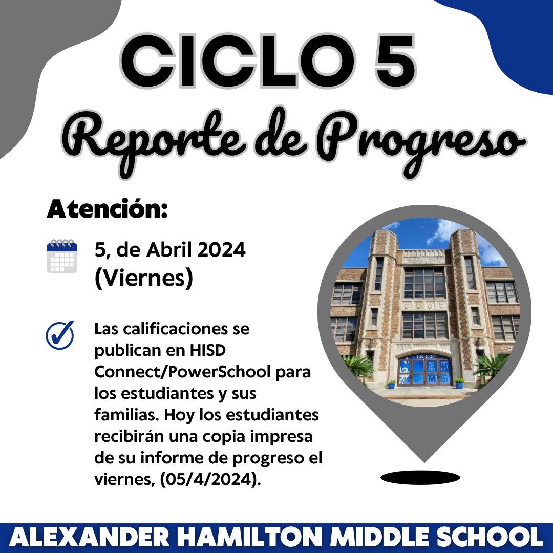 Announcement: Students will receive a paper copy of Cycle 5 Progress Reports on Friday (4/05/2024). Parents can also access student grades in the HISD Connect Portal. ➡️The webpage is: houstonisd.org/PSC #HamiltonMiddleSchool @MrsAgnew18 @HISDCentral @petecarter3