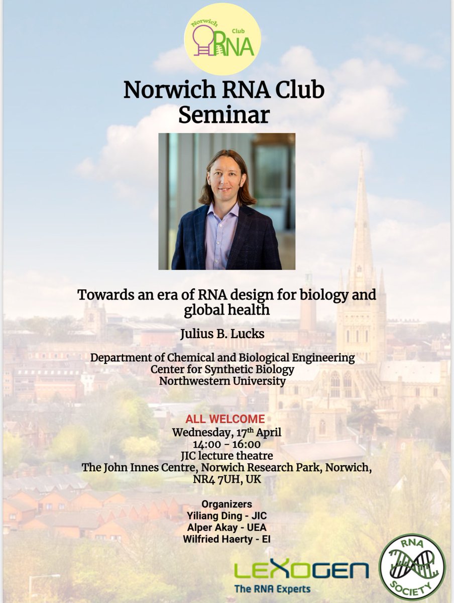 We are delighted to host Julius Lucks @LucksLab at @NorwichRNAClub on 17th April @JohnInnesCentre lecture theatre. Please join us for this fantastic talk. @RNASociety @lexogen @biouea @EarlhamInst @YiliangDing @WHaerty