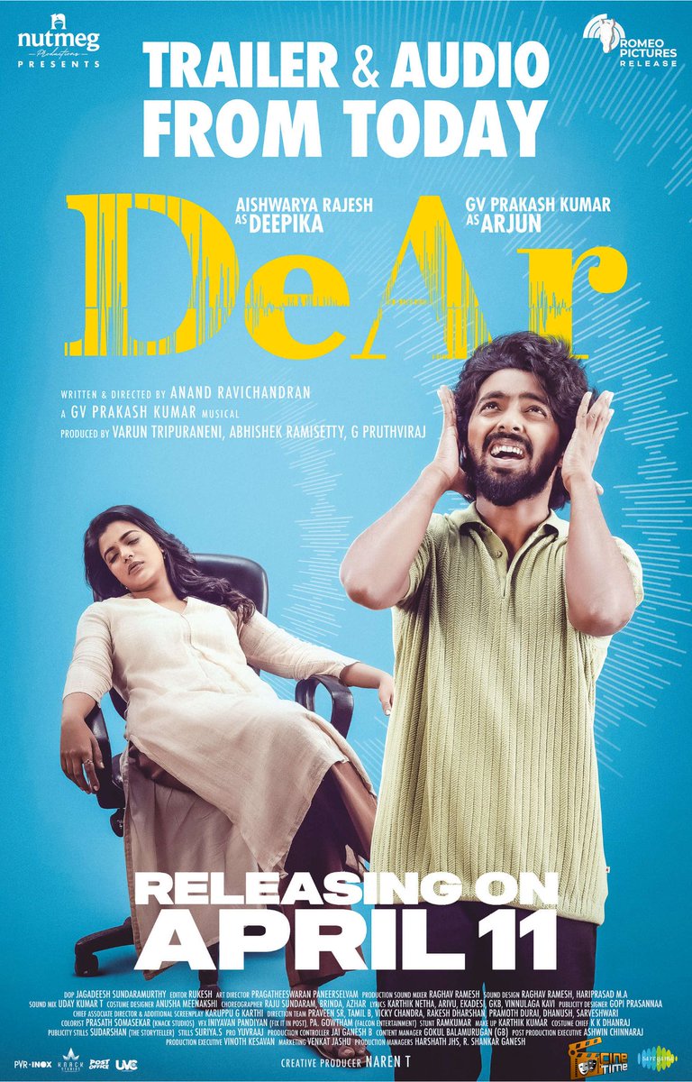#DeAr - Trailer & Audio From Today Movie Releasing On April 1⃣1⃣th !
#DeArFromApril11 ! @gvprakash @aishu_dil