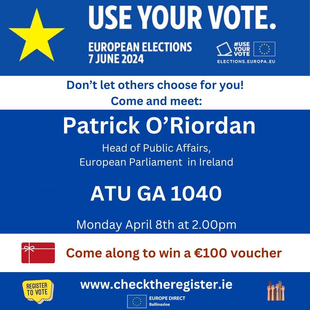 📢Calling all <a href="/ATU_GalwayCity/">ATU Galway City</a> students!
🗳️The EU elections happen on June 7
🗣️Come and meet <a href="/pjoriordan/">Patrick O'Riordan</a> <a href="/EPinIreland/">European Parliament Ireland</a>  in GA 1040 
📅 Monday April 8 @ 2pm
 ℹ️ Hear all about the <a href="/Europarl_EN/">European Parliament</a> 
🧧Come along and you could win €100
<a href="/eurireland/">EU Commission in Ireland</a> <a href="/ATUCareersGal/">ATU Galway Careers Office</a> <a href="/ATUHealthyGM/">ATU Healthy Campus (Galway-Mayo)</a> <a href="/GMITihubs/">ATU iHubs</a>