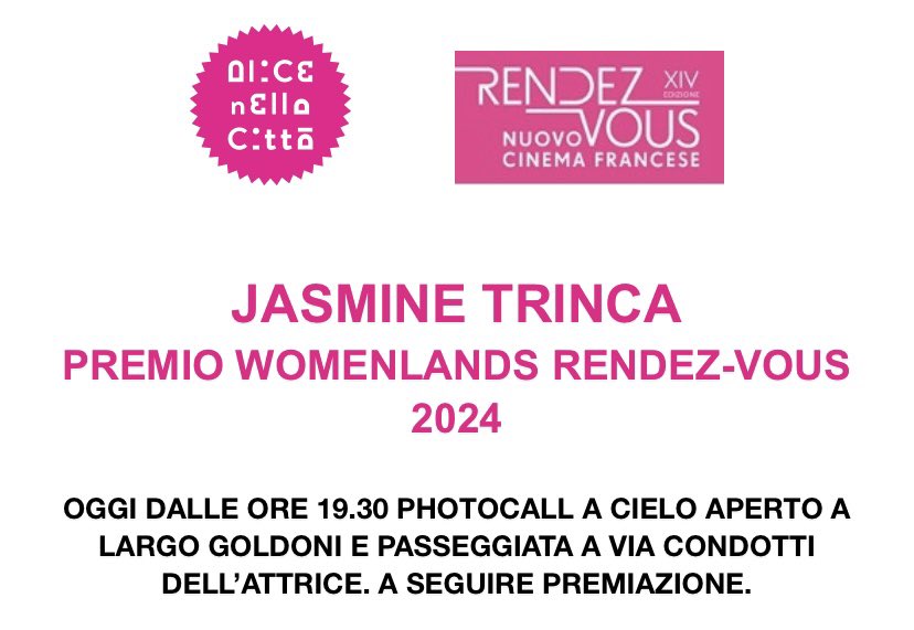 Jasmine Trinca sarà premiata questa sera con il WomenLands Rendez-Vous 2024 assegnato a una personalità del mondo dell’audiovisivo simbolo del legame tra Italia e Francia e nato dalla collaborazione tra Alice nella Città e Rendez-Vous.