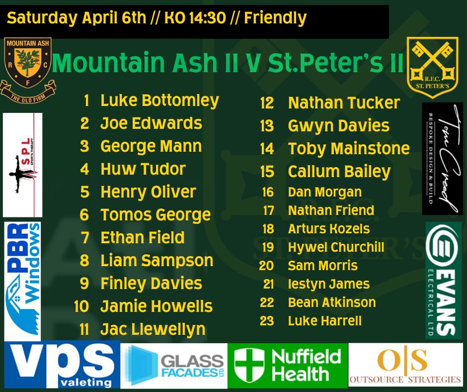 Two senior lineups for tomorrow’s games. Two games on at the ROCKS @StPetersYouth3 Vs Whiteheads Rfc 2nds go to Mountain Ash @ CF45 4DA Go well all 💚🖤 #upparocks