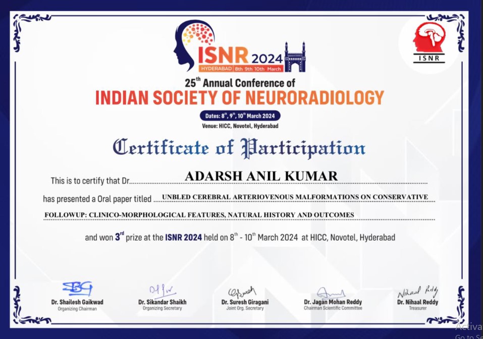 Congratulations👏 Dr. Adarsh Anil Kumar, Senior Resident in the Department of Imaging Sciences and Interventional Radiology has been awarded the Third Prize for Oral Paper Presentation 💐