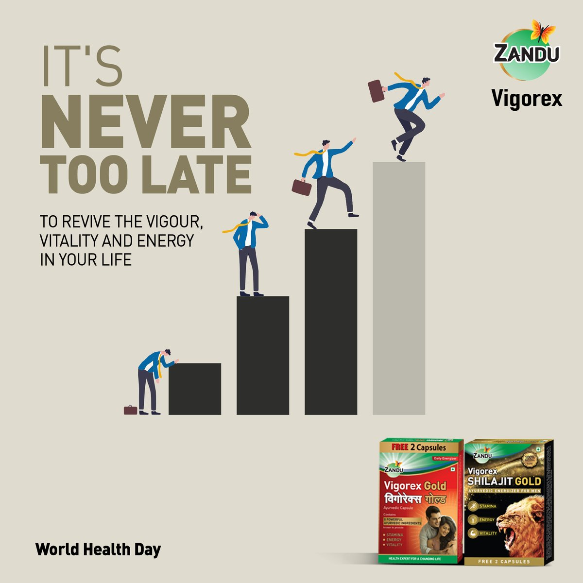 zvigorex's tweet photo. This World Health Day, let's pave the way for a healthier and energetic future! Remember, revitalizing your vitality is always within your reach. Join us on this quest with #ZanduVigorex formulated with powerful effective Ayurvedic treasures like Ashwagandha, Shilajit, and Gold. https://t.co/XtKkTsh5pH