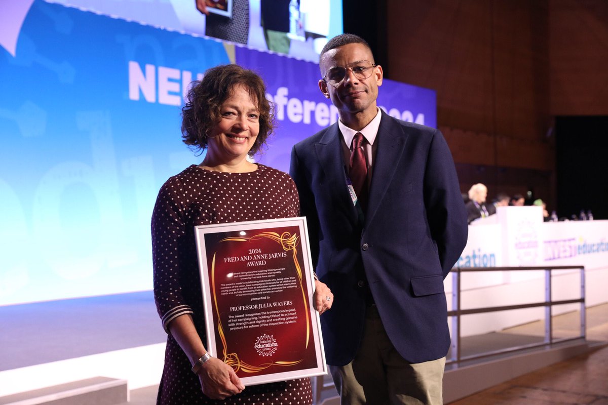 Conference was honoured to present Julia Waters with the Anne &amp; Fred Jarvis award today at #NEU2024

The award was made in recognition of her campaign to reform Ofsted following the death of her sister Ruth Perry.

'This award is not for me, it's for Ruth.'