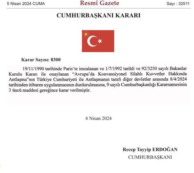 Türkiye’nin Avrupa'da Konvansiyonel Silahlı Kuvvetler Antlaşması’ndan çekilmesi; Rusya ve NATO ülkelerinin halihazırda anlaşmadan çekilmiş olmaları itibarıyla formaliteden ibarettir.+