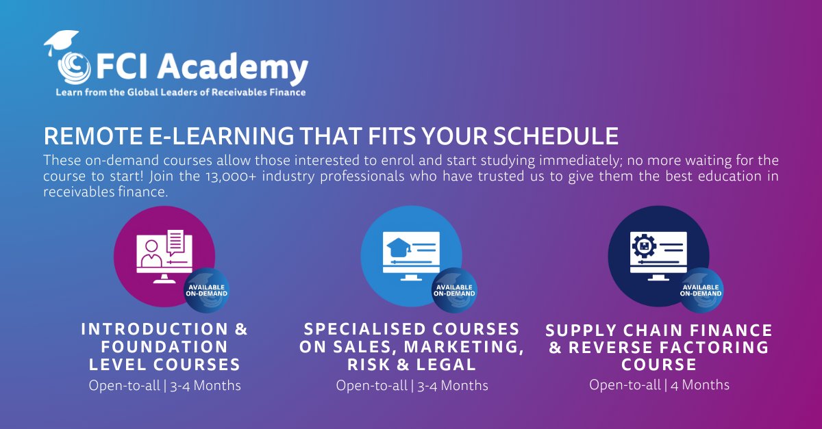 If you missed the Foundation Course on #Factoring 2024 Q2 enrolment, why not enrol in one of our on-demand courses. We have a variety of courses available via our new on-demand format. Find out more, or register and start today via fci.nl/en/fci-academy… #education #finance