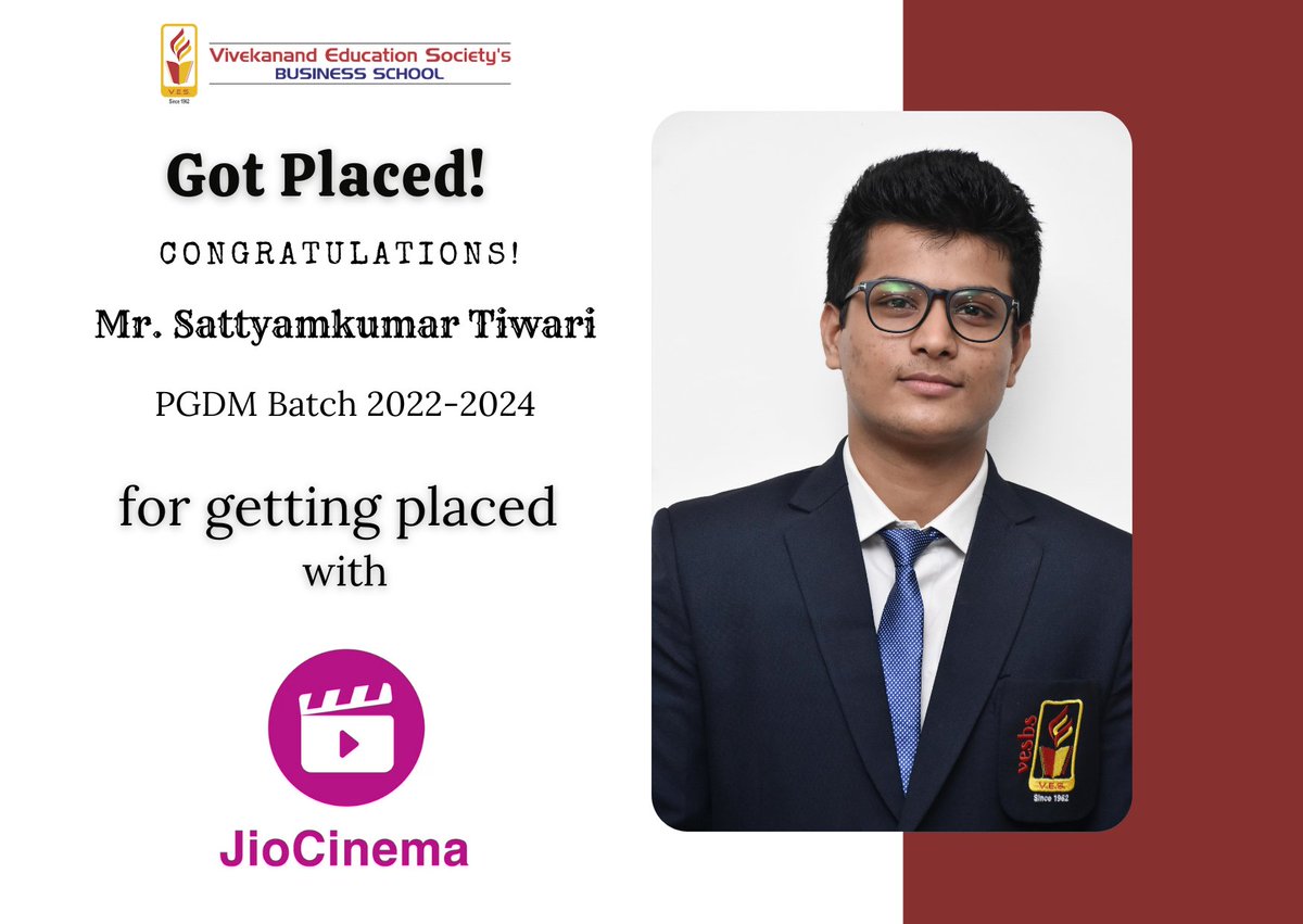 Congratulations Mr. Satyamkumar Tiwari of Batch 2022-24 who got placed at Jio Cinema. Many Congrats on this next step in your career & all of the growth, connections and opportunities that come with it. #Placementdrive #placements #management #campusplacement #bschool #VBS #pgdm