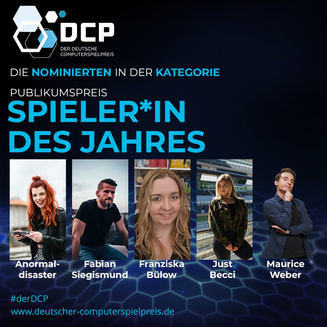 Wer soll <a href="/DerDCP/">Der Deutsche Computerspielpreis | Der DCP</a> "Spieler*in des Jahres" werden? Bis 11. April könnt ihr hier abstimmen: deutscher-computerspielpreis.de/publikumspreis/

🏆 Sandra Friedrichs (<a href="/anormaldisaster/">Sandra</a>)
🏆 Fabian <a href="/Siegismund/">Fabian Siegismund</a> 
🏆 Franziska Bülow (<a href="/Fr4nzissi/">Fr4nzissi</a>)
🏆 Rebecca Raschun (JustBecci) 
🏆 <a href="/MauriceWeber42/">Maurice Weber</a> 
#derDCP