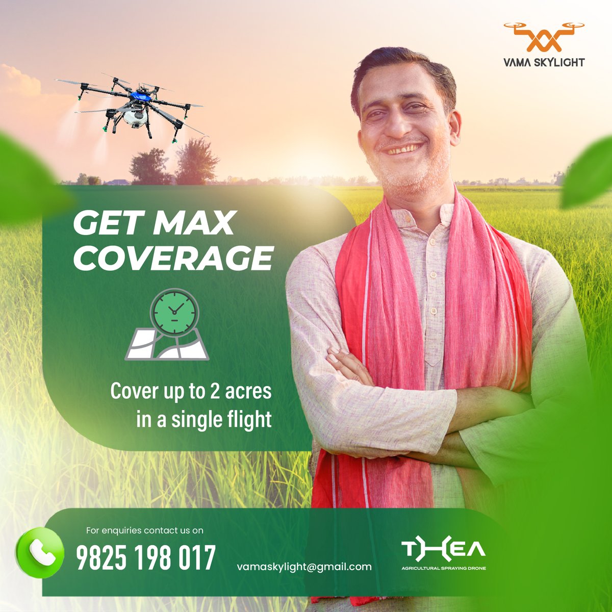 More coverage means more time saved. With THEA drones, cover up to 2 acres in a single flight and enjoy the MAX time saved.
#kisandroneshakti #kisandronetraining #drones #dronestartup #dronetech #agriculturedrone #indianstartups #farmers #skillindia