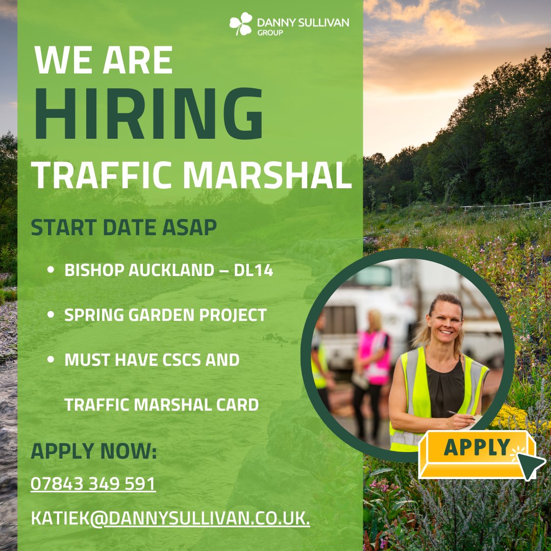 Hiring Now: Traffic Marshal position available in Bishop Auckland (DL14) for the Spring Garden Project! Starting ASAP. CSCS and Traffic Marshal card required. Email our fantastic Recruiter, Katie Keary, to apply or for more information. #ConstructionJobs #WeAreHiring