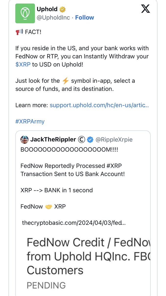 This is misinformation. FedNow does not use $XRP or the #XRPL FedNow is a  real-time gross settlement system operated by the Federal Reserve to  facilitate instant payments between banks & their customers
