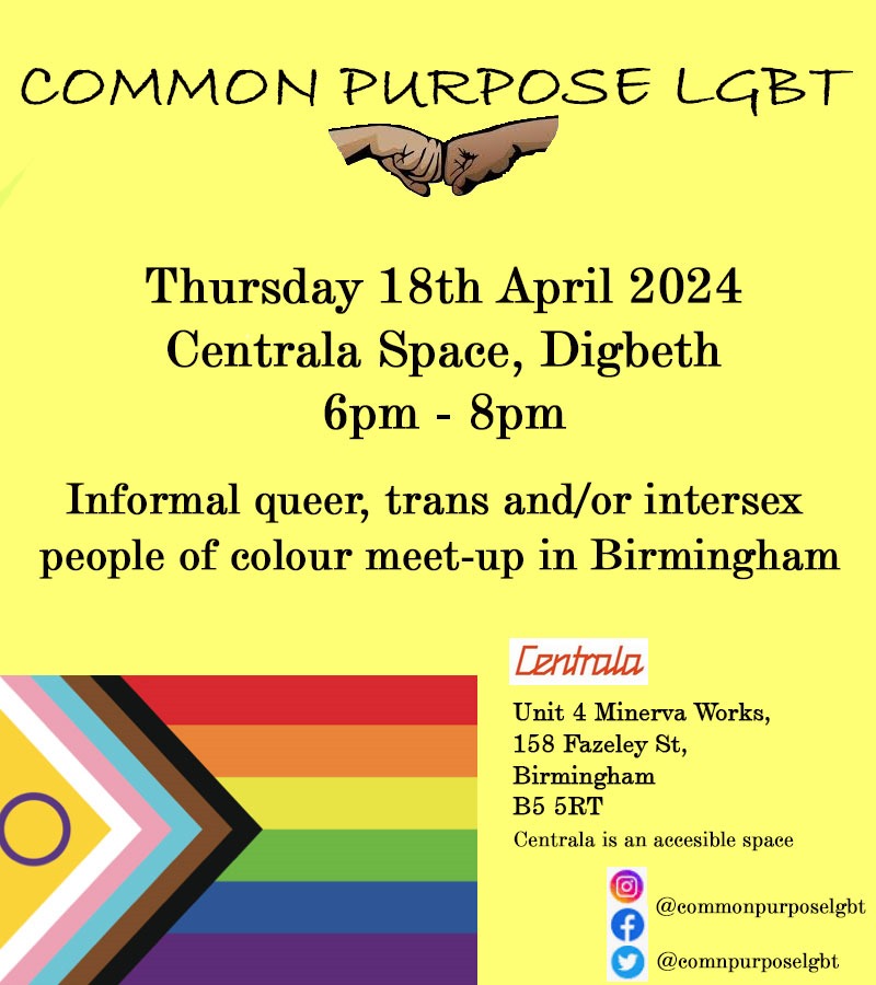 We're introducing a new monthly meet-up for #queer, #trans and/or #intersex people of colour in #Birmingham. Our first infomal event takes place on Thursday 18th April <a href="/Centrala_space/">Centrala</a> from 6pm-8pm. This event is strictly for #QTIPOC only. Please share with your networks. 🏳️‍🌈 🏳️‍⚧️