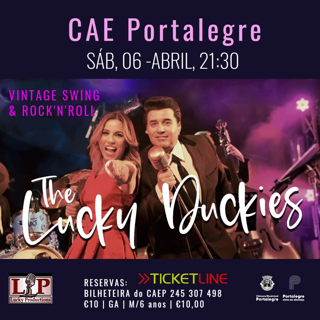 PORTALEGRE, finalmente! Este sábado, dia 6 de Abril vai ser um dia inesquecível na Capital do Alto Alentejo.
Concerto com os LUCKY DUCKIES no CAEP, pelas 21:30. Bilhetes à venda na ticketline e no local.