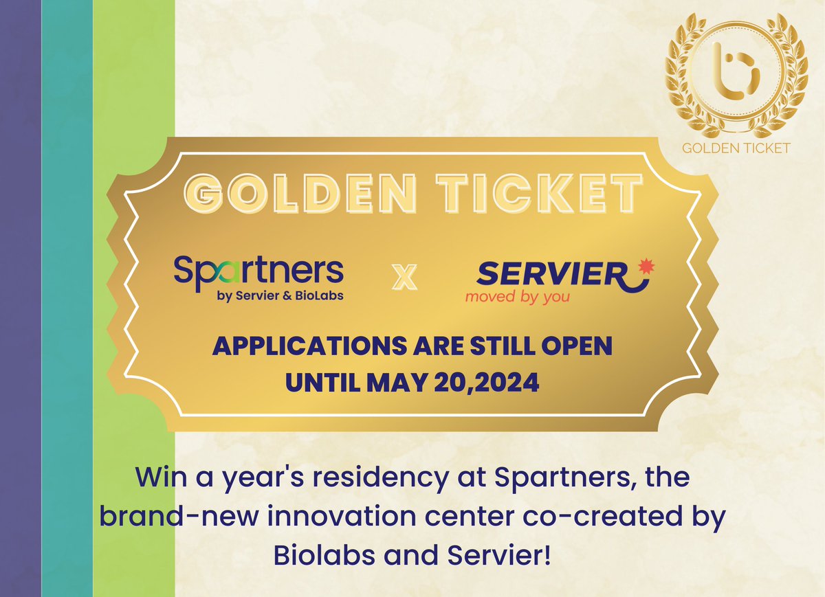 🌟 Win a year's free residency at Spartners by Servier & @BioLabsFR with the 🎫 Golden Ticket Servier 🌟! This new innovation space can help you accelerate your research and deliver your innovative healthcare solutions. 📆 You have until May 20, 2024 to submit your application