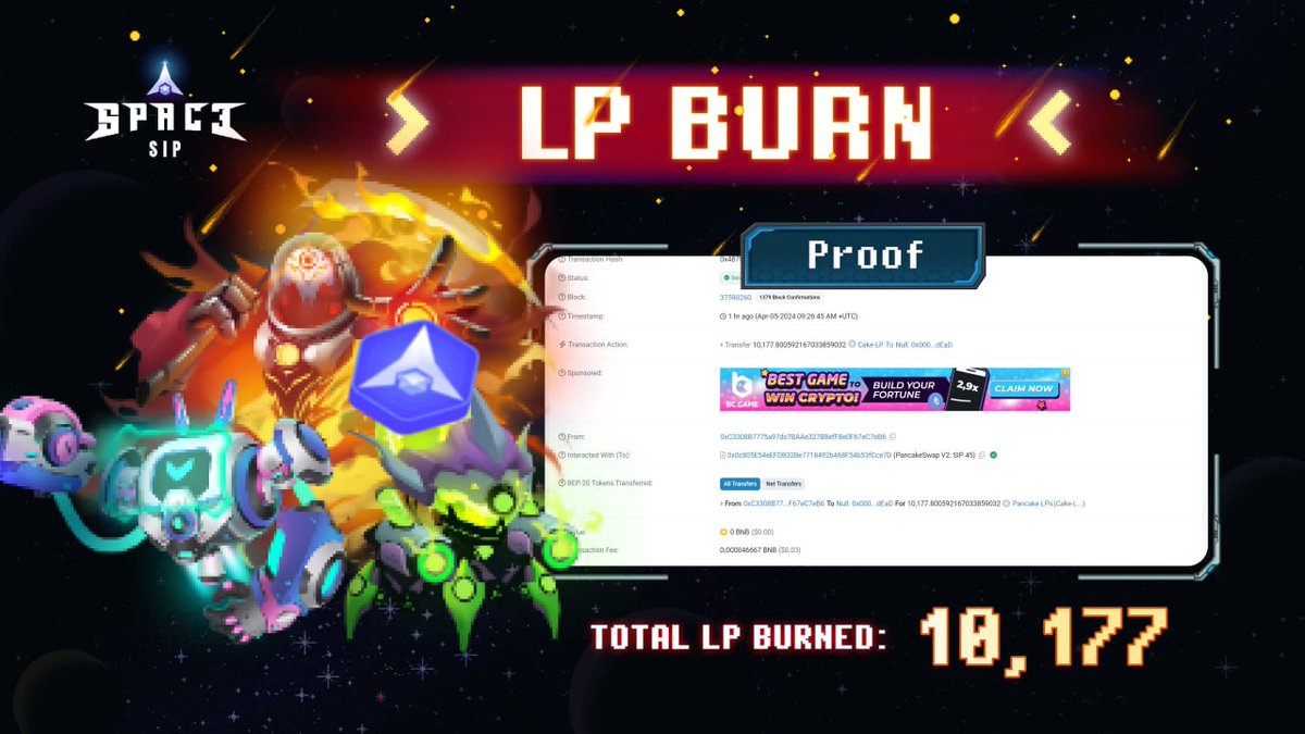 🔥 IT'S LP BURN TIME 🔥 LP Burn has been successfully completed! ➡️ Transaction details: bscscan.com/tx/0x4875f12c2… We're just getting started! Stay tuned for exciting updates as we continue our mission. #SpaceSIP $SIP #SIPnation #GameFi #SpaceSIPisback #Meme