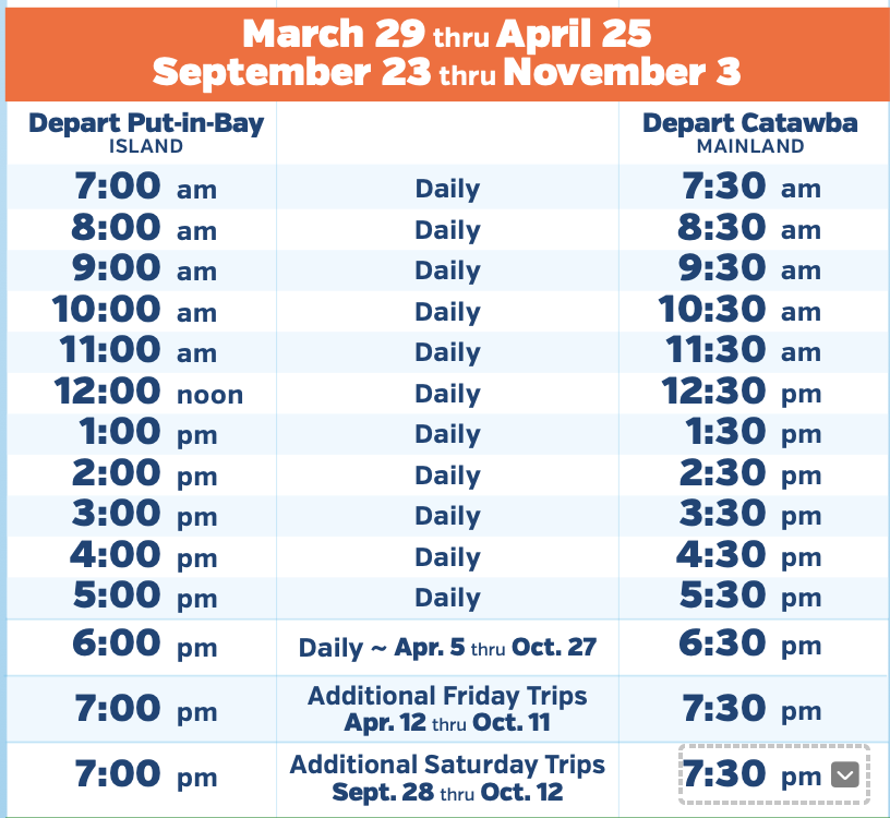 Put-in-Bay ferry schedule reminder effective Friday, April 5 ~ The last ferry leaving Put-in-Bay is 6 pm & leaving Catawba is 6:30 pm. #putinbay Visit MillerFerry.com for the full ferry schedule, what's open on the island & travel savings.