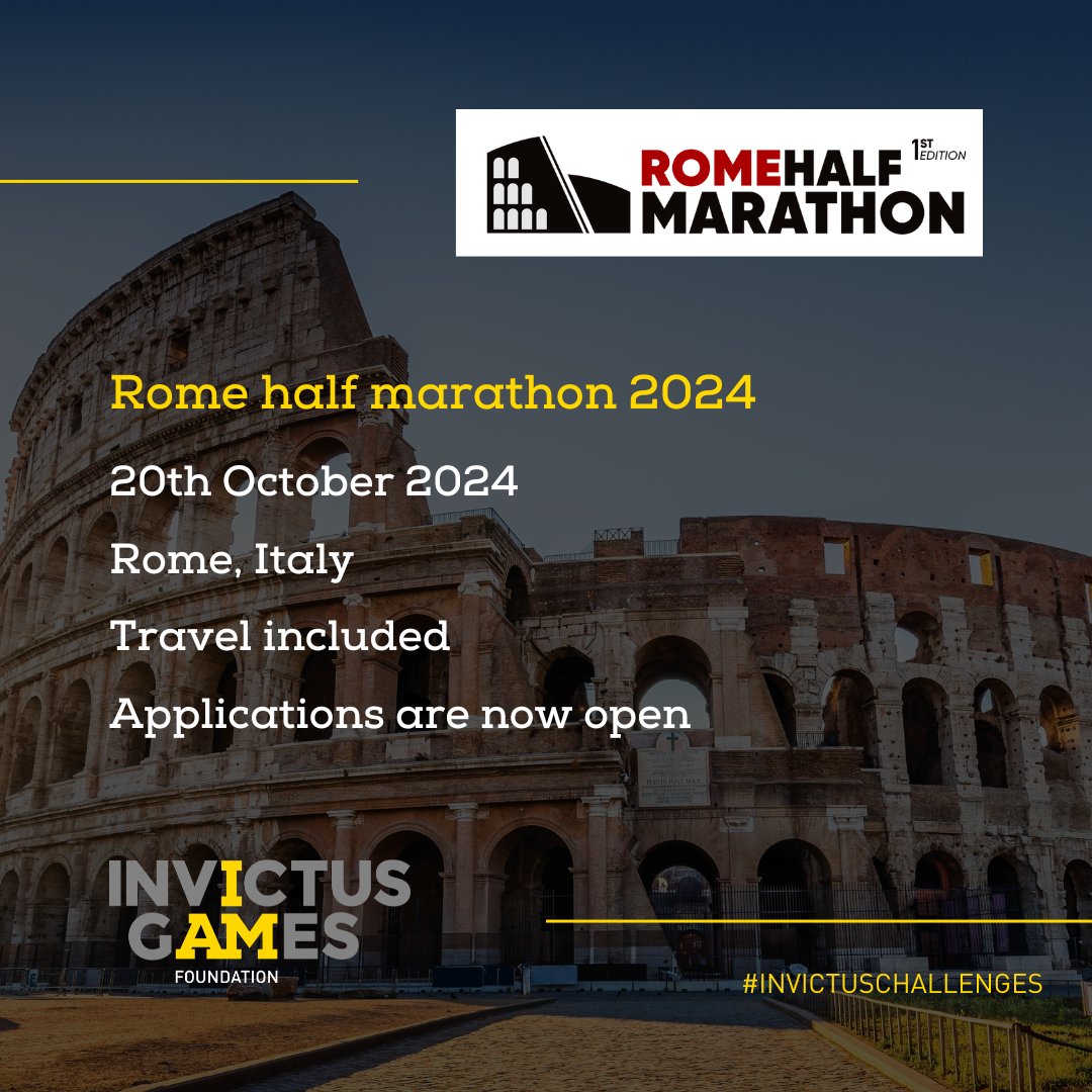 WeAreInvictus's tweet photo. The Invictus Games Foundation is heading back to Italy for the first ever half marathon within the iconic city limits of Rome.

Thank you to the event organisers for donating spaces to us to help further recovery for the #WeAreInvictus community.

Apply now and get training! 💛🖤