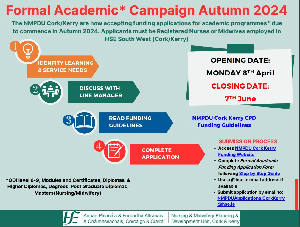 @NMPDUCorkKerry is launching the formal academic campaign for Autumn 2024 on Monday 8th April @BridAOSullivan @CUH_Cork @mhoward100 @AMGalvinCUH @BGHsswhg @uhknursing @HospitalMallow @IrelandSouthWID Access @NMPDUCorkKerry funding website on bit.ly/43P9t2w see details👇