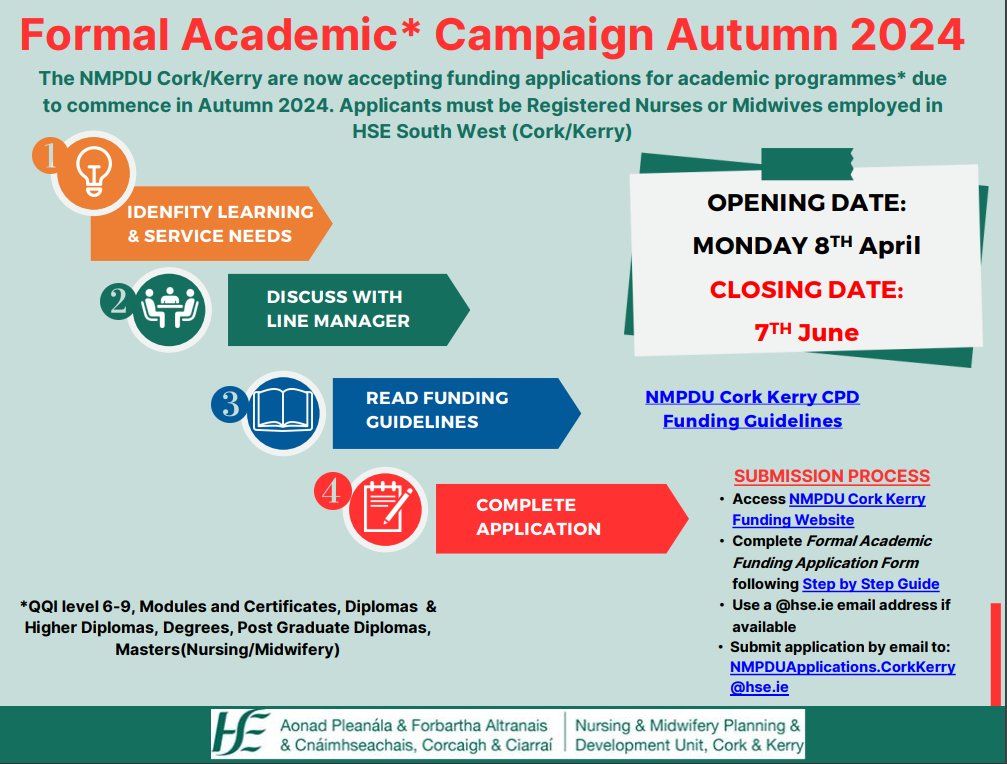 @NMPDUCorkKerry is launching the formal academic campaign for Autumn 2024 on Monday 8th April @BridAOSullivan @CUH_Cork @mhoward100 @AMGalvinCUH  @BGHsswhg @uhknursing @HospitalMallow @IrelandSouthWID Access @NMPDUCorkKerry funding website on bit.ly/43P9t2w see details👇