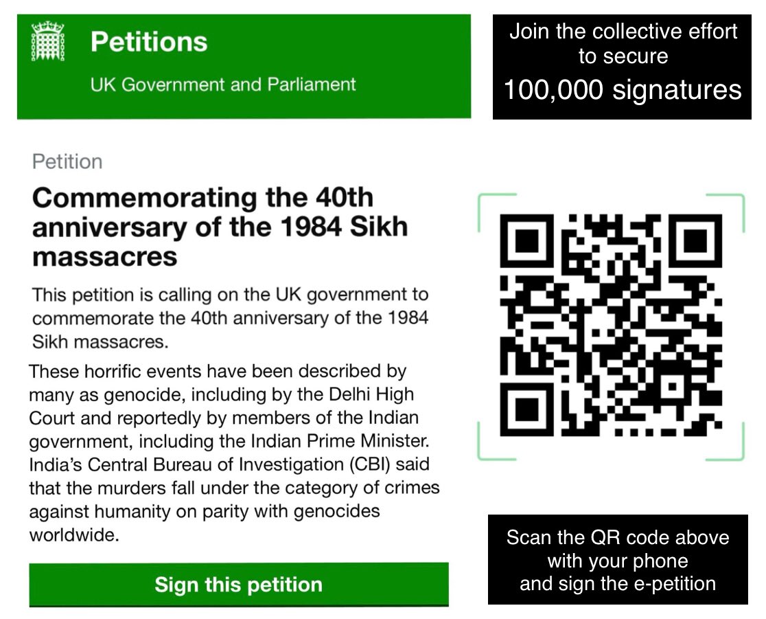Over 3500 people have signed a petition to have the UK govt commemorate the 40th anniversary of the 1984 Sikh Genocide. The petition is still being circulated by Sikh orgs to have the Indian State perpetrated massacres recognised in parliament. Sign at: petition.parliament.uk/petitions/6582…