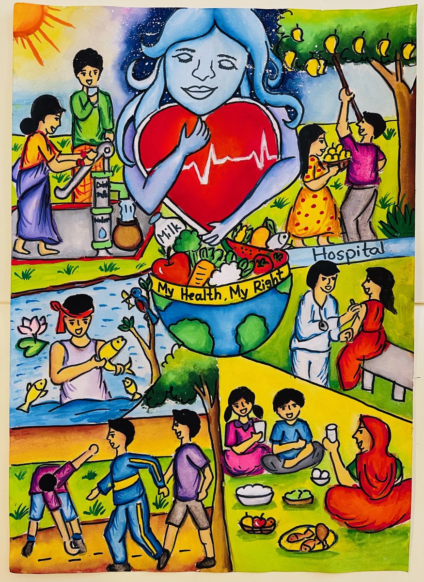 Congratulations Norah Muhsanat from #Bangladesh for winning the first prize 🥇 in the category paintings in the age group of up to 12 years. Norah shares the first prize with Geetanjali Pathak from #India in the #WHD2024 art competition organized by @WHOSEARO on #MyHealthMyRight.