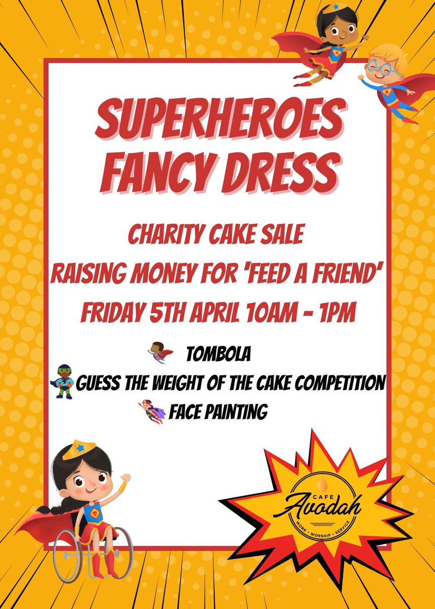 Please visit Cafe Avodah today! Friday 5th April🦹🏻‍♀️🦸🏻‍♂️🦸🏼‍♀️10-1. We’re hoping Library visitors will go next door to the Cafe in The Gateway Centre ( they’re in the old tax office) for tombola, face paining and cake & coffee to raise vital funds for their ‘Feed a Friend’ scheme.