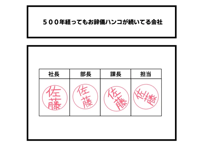 1コマ「500年経ってもお辞儀ハンコが続いてる会社」 