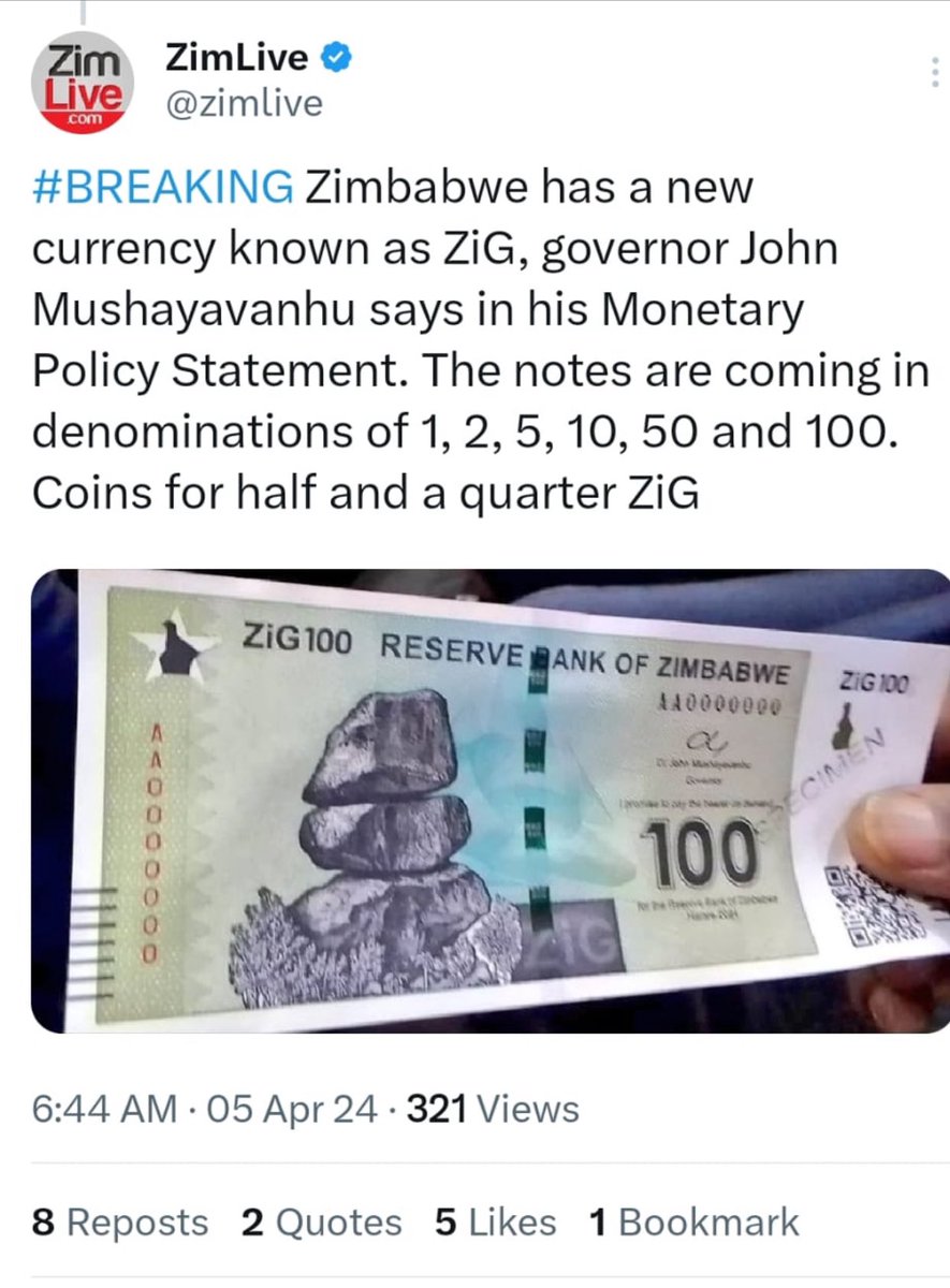 On 9 October 2023, I made a prediction that ZiG will be the new currency. Here we are! My brother @Pachisolife do you still remember this discussion we had on 9 October 2023.