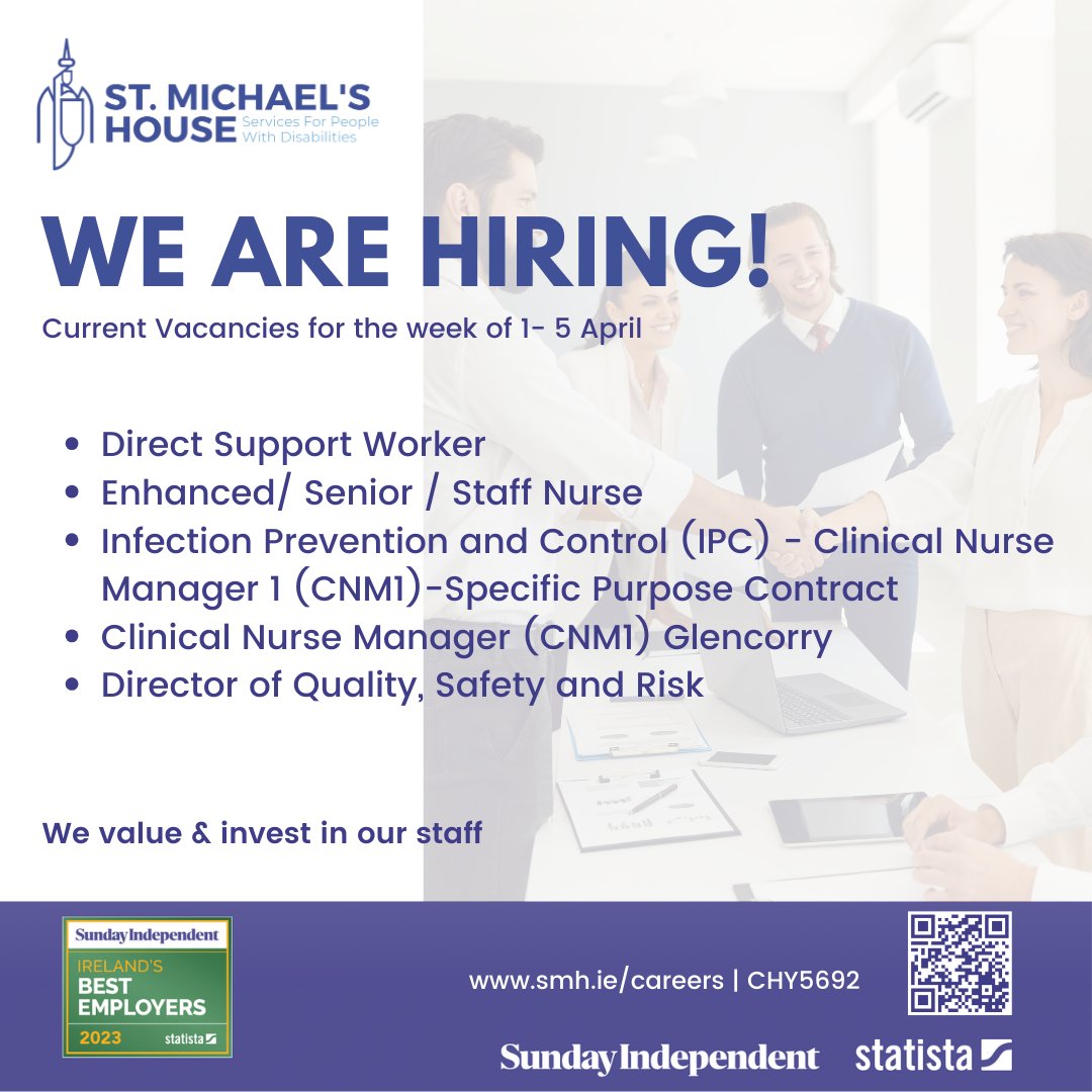 We're Hiring! Here are a list of current vacancies within SMH. Head over to our website for more information, or to apply! smh.ie/careers #SMH #SMHCareers #LoveYourJob