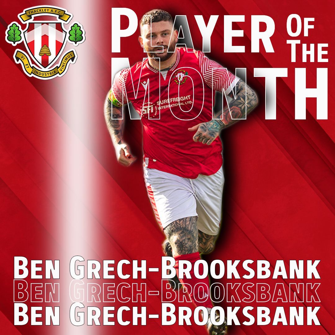 𝗣𝗟𝗔𝗬𝗘𝗥 𝗢𝗙 𝗧𝗛𝗘 𝗠𝗢𝗡𝗧𝗛 🏆 With 46.8% of the public vote, Ben Grech-Brooksbank is the #ThackleyAFC March 2024 Player of the Month! After a difficult season with injury, the Skipper notched 3 goals in 4 games to help keep our Play Off hopes alive Well done, Grechy!