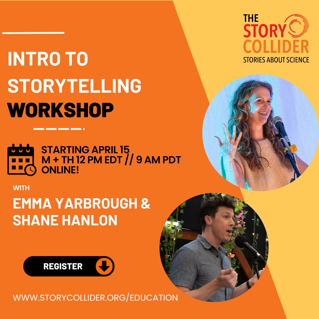 Unleash your inner scientist through storytelling! 🎙️ Join us for a hands-on science storytelling workshop with Story Collider. 📅 April 15th to April 25th at 12:00 PM EDT // 9:00 AM PDT on Zoom. Register now! storycollider.org/public-worksho… #ScienceStorytelling #WorkshopSeries