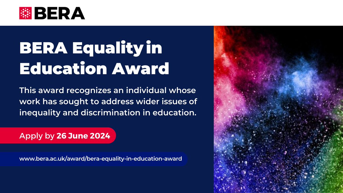 📣 Now Open: BERA Equality in Education Award The BERA Equality in Education Award recognizes an individual whose work has sought to address wider issues of inequality and discrimination in education.  Apply or Nominate a colleague: bera.ac.uk/award/bera-equ…