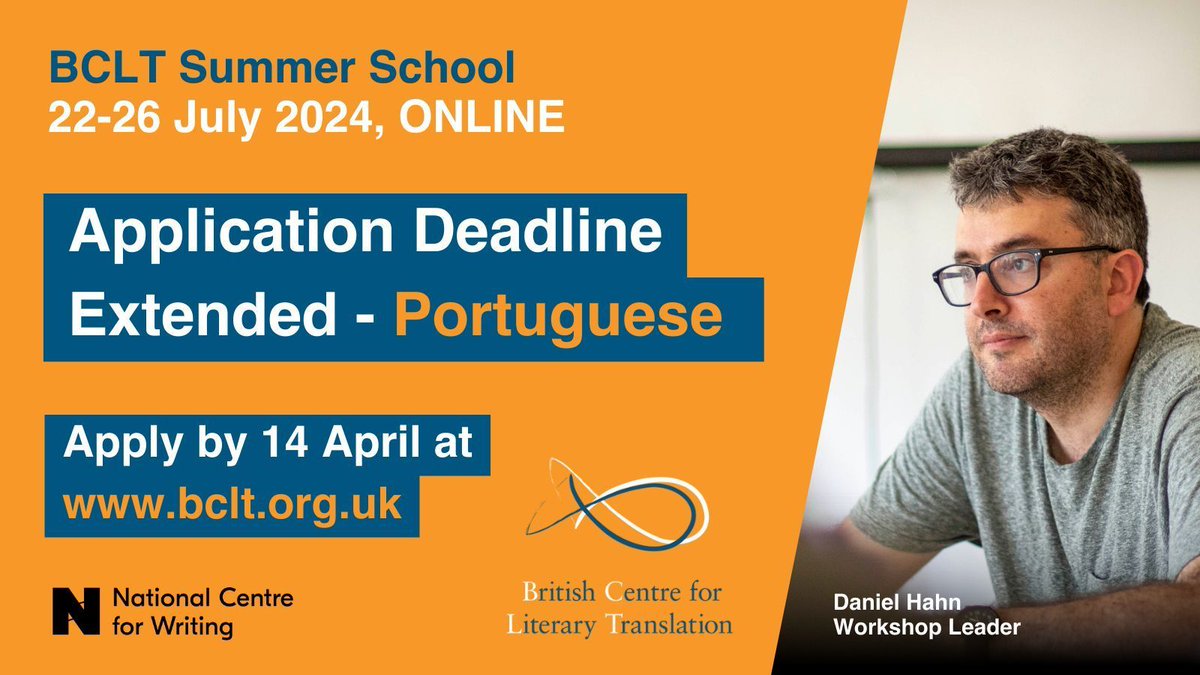 ATTENTION #PORTUGUESE-ENGLISH #TRANSLATORS! The deadline for #BCLT2024 Summer School Portuguese workshop applications is extended to 14 April. Don't miss your chance to apply: buff.ly/3lDmPx2