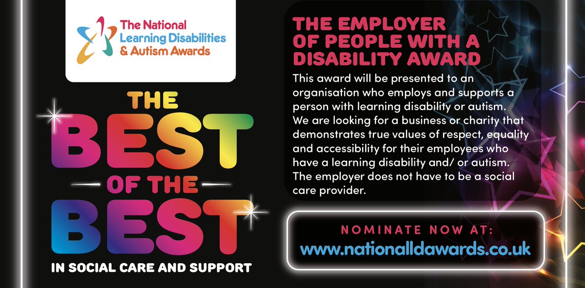 Calling all EMPLOYERS OF PEOPLE WITH A DISABILITY!

This award is for an organisation who employs & supports a person with LD&A. An organisation that demonstrates true values of respect, equality & accessibility.

Nominate now bit.ly/2kAkRuQ 

#ThankYouSocialCare