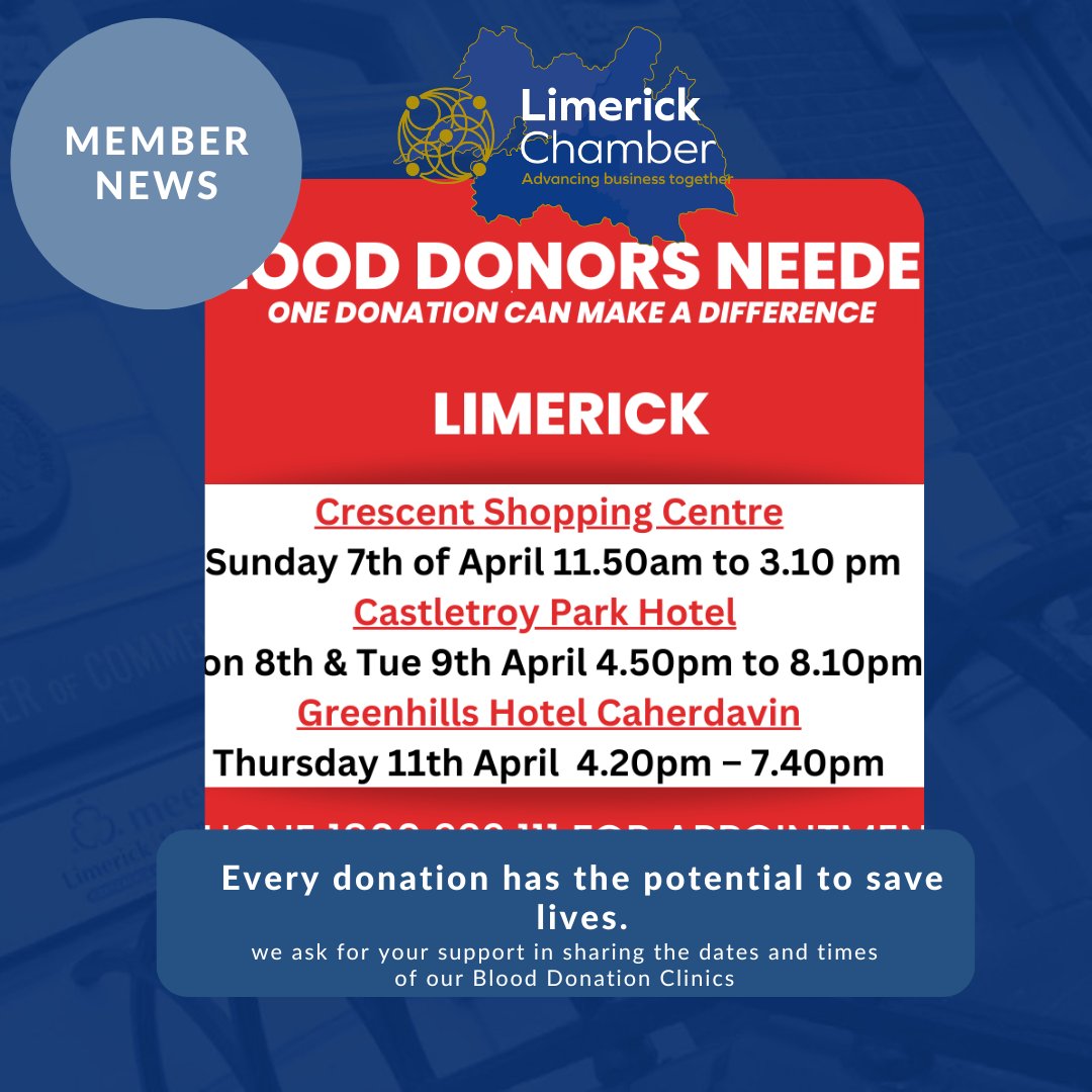 Give a gift that means the world! 🌍🩸 Limerick Chamber's Blood Donation Clinics are happening over the coming days across a number of locations Book at 📞 1800 222 111 & help spread the word! Visit: ow.ly/Ct0t50R8rmM