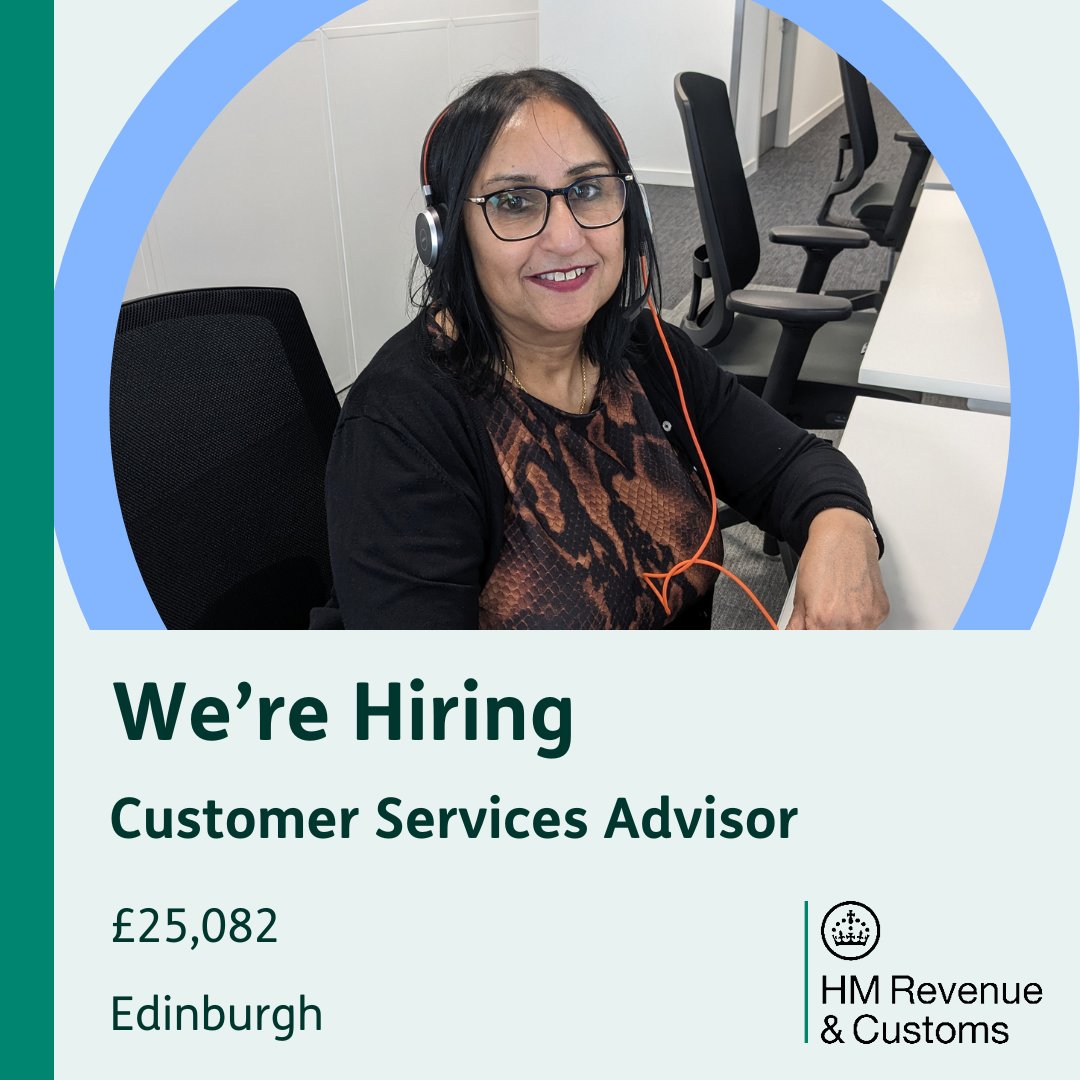 👩‍💻 Customer Services Advisors 💷 Salary: £25,082 We are recruiting for Customer Services Advisors in Edinburgh. This is a great role to start your career with us here at HMRC. Apply now. 👇 civilservicejobs.service.gov.uk/csr/jobs.cgi?j… #PeoplePurposePotential #NewJob