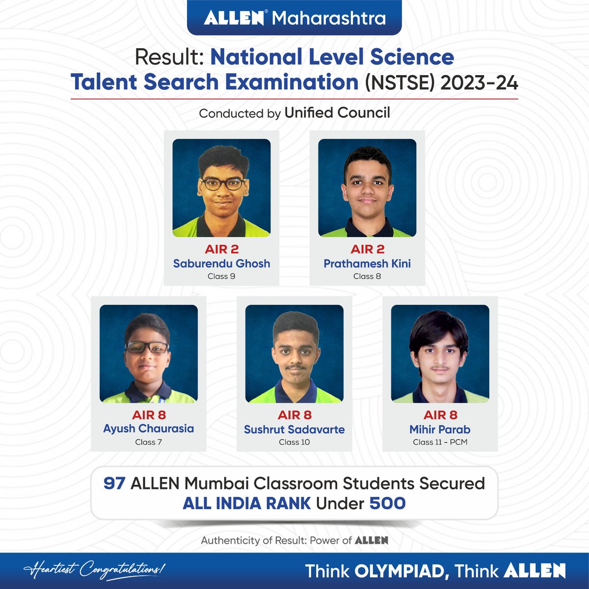 ALLENMaharashtr's tweet image. 🌟 ALLEN Mumbai: Building Brighter Futures, Excellence Defined at Our Institute.

👏🏻 97 ALLEN Mumbai Classroom Students Secured ALL INDIA RANK Under 500 in NSTSE Exam.

🥳 Heartiest Congratulations!

#ALLENMaharashtra #ALLENMumbai #OlympiadResult #NSTSEAchievement
