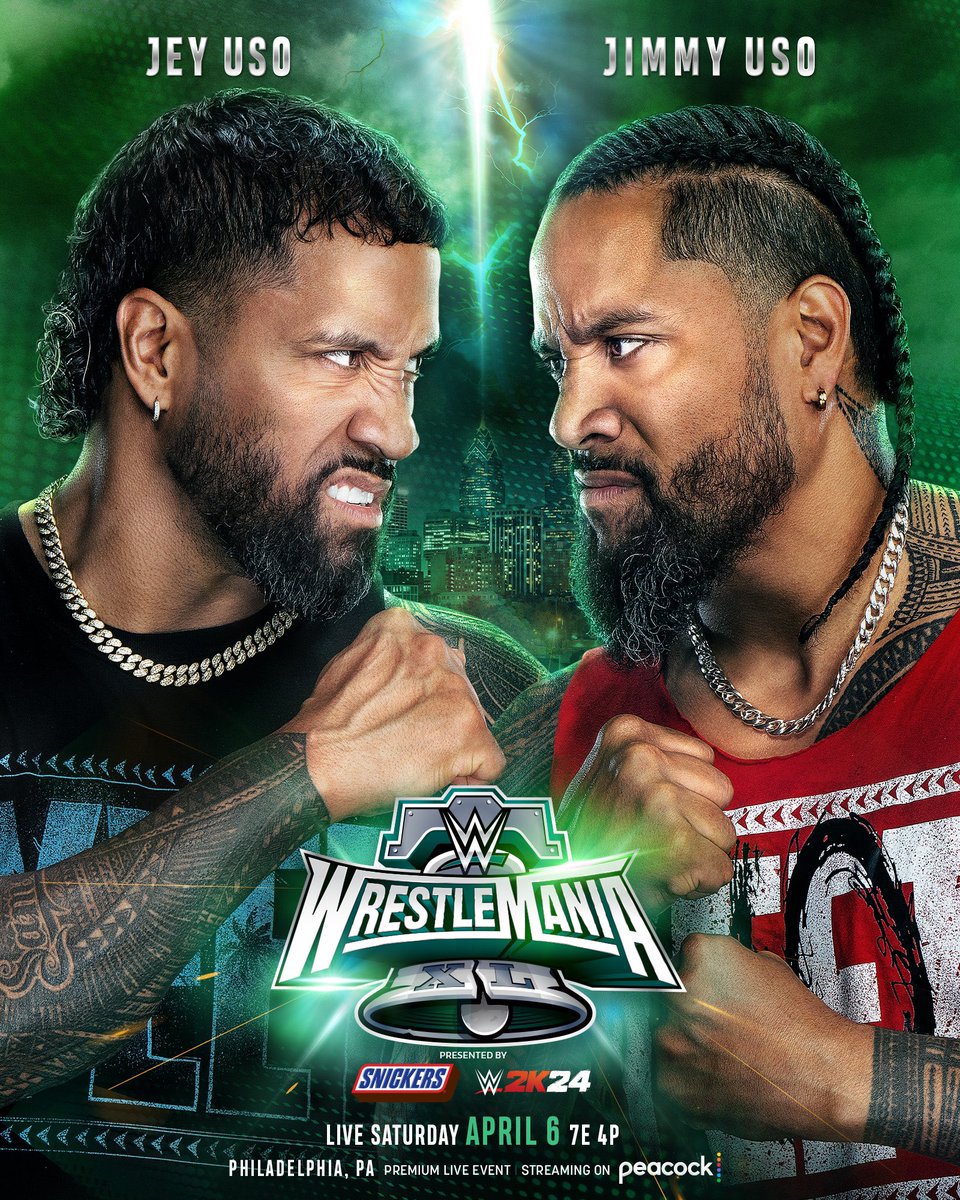 RestHoldPod's tweet photo. Jey Uso Vs Jimmy Uso

Probably needed this match to happen sooner than Mania as the heat has gone out of this feud, but this is a match that Jey needs to win to maintain his solo momentum 

Winner: Jey Uso https://t.co/z4ON3y7yJ5