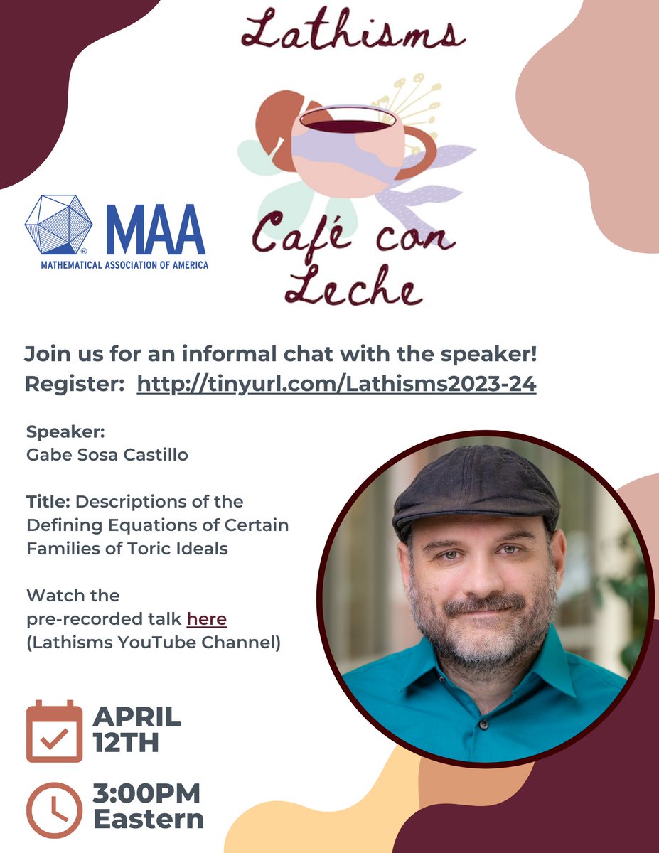 Professor Gabe Sosa Castillo's Café con Leche talk on the equations defining certain toric ideals is now on our YouTube channel! youtube.com/watch?v=dVx9Aa… Watch it and discuss the talk with him at our event on April 12th at 3 ET Register at: tinyurl.com/lathisms2023-24