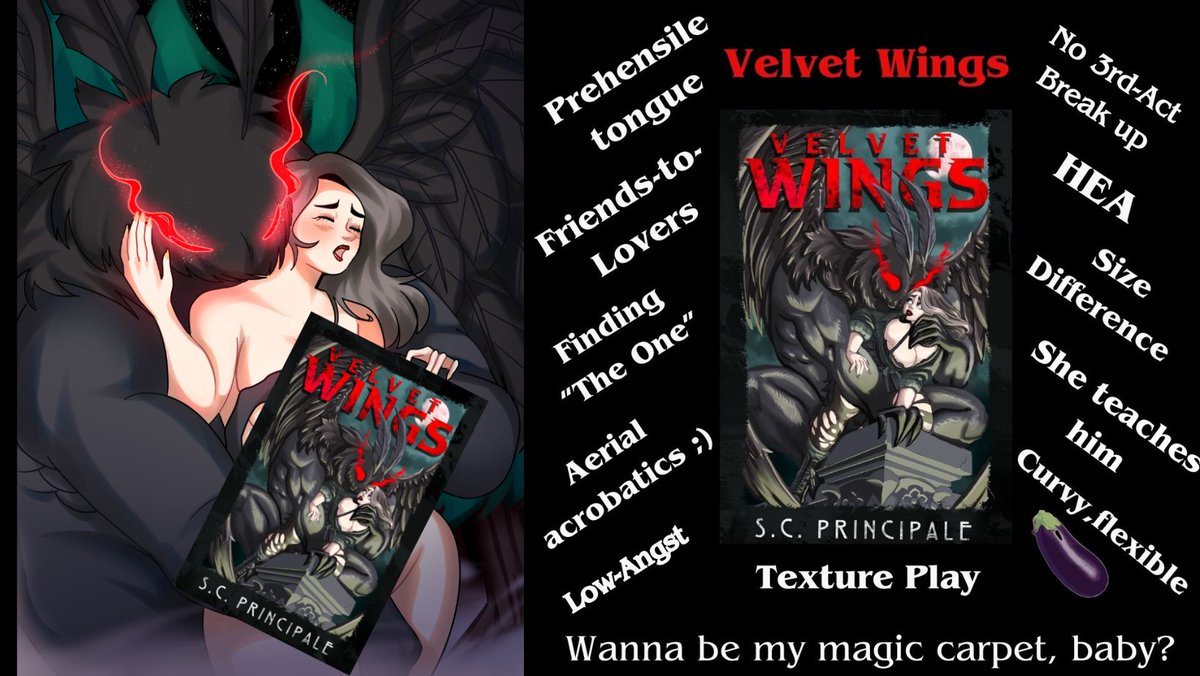 New release! High steam, low angst, no third act break up, a curvy plus-size FMC and a cuddly mothman who packs several surprises. books2read.com/velvetwings #monsterfudger #monsterromance #KindleUnlimited #booktok #bookstagram #paranormalromane