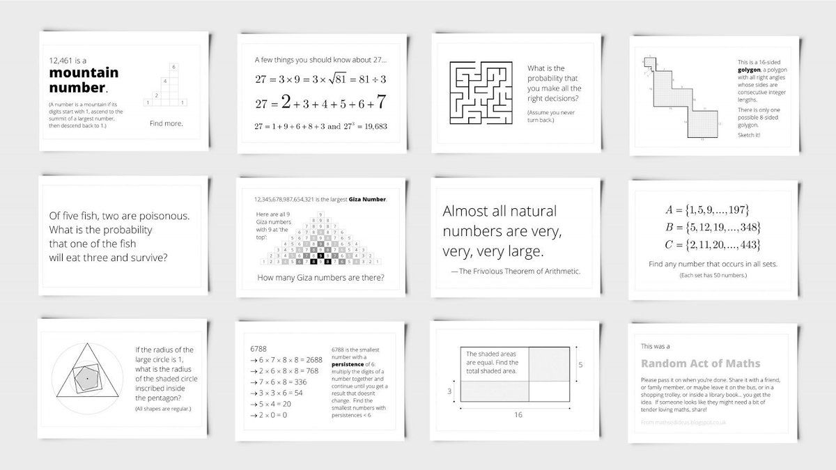 Random Acts of Maths — over 300 pocket-sized problems, teasers, curios, provocations, inspirations, etc., for teachers to gift to students, school visitors, et al. Free to download, with solutions and slides: bit.ly/2MkTnFM • #maths #math #MTBos #iteachmath