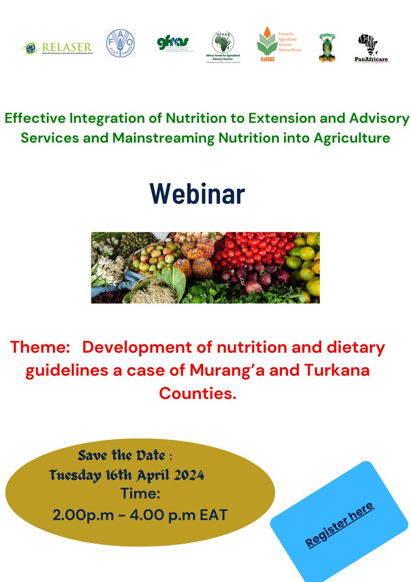 Save the date! Development of Nutrition and Dietary guidelines a case of Murang'a and Turkana Counties Webinar. When: 16th April 2024. Time: 2.00-4.00P.M EAT Register here: docs.google.com/forms/d/1qQdqM… @PanAfricare_ke @afaasinfo @infogfras @RedRelaser #zerohunger #nutritiousfood