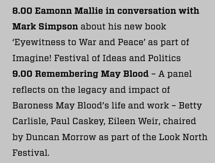 Another chance to see two events I recorded on NvTv this evening: 8pm @EamonnMallie in conversation with @BBCMarkSimpson about his memoir, and at 9pm a lovely panel event from @northbelfast100 festival reflecting on the life of May Blood.