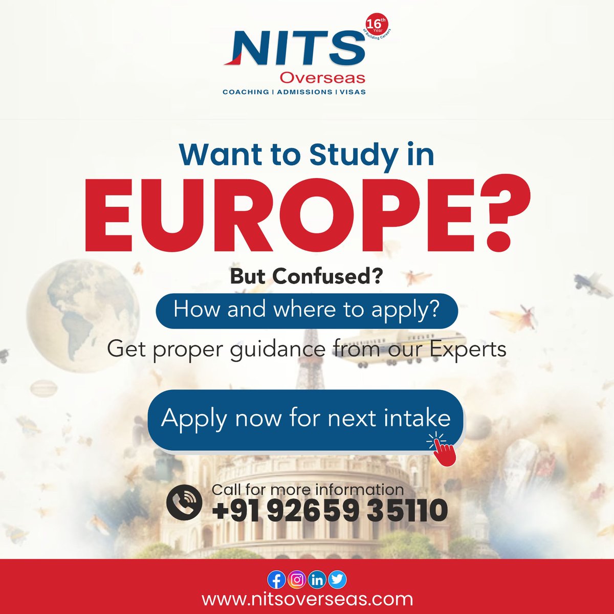 Confused about where to start with your European study journey? Say goodbye to confusion and hello to clarity! Apply for the upcoming intake and let our experienced advisors lead you to success.🌟📖

📞: +91 9265935110

#nitsoverseas #studyabroad #education #ielts #studyineurope