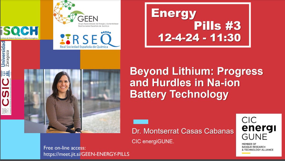 @gomobel 📢 Book your agendas for our next #EnergyPills #3 By Dra. Montserrat Casas Cabanas @CasasCabanas @energigune_brta On the topic 'Beyond Lithium: Progress and Hurdles in Na-ion Battery Technology' 📅 12 April 2024 ⏰ 11:30 h On line: meet.jit.si/GEEN-ENERY-PIL… Do not miss it!