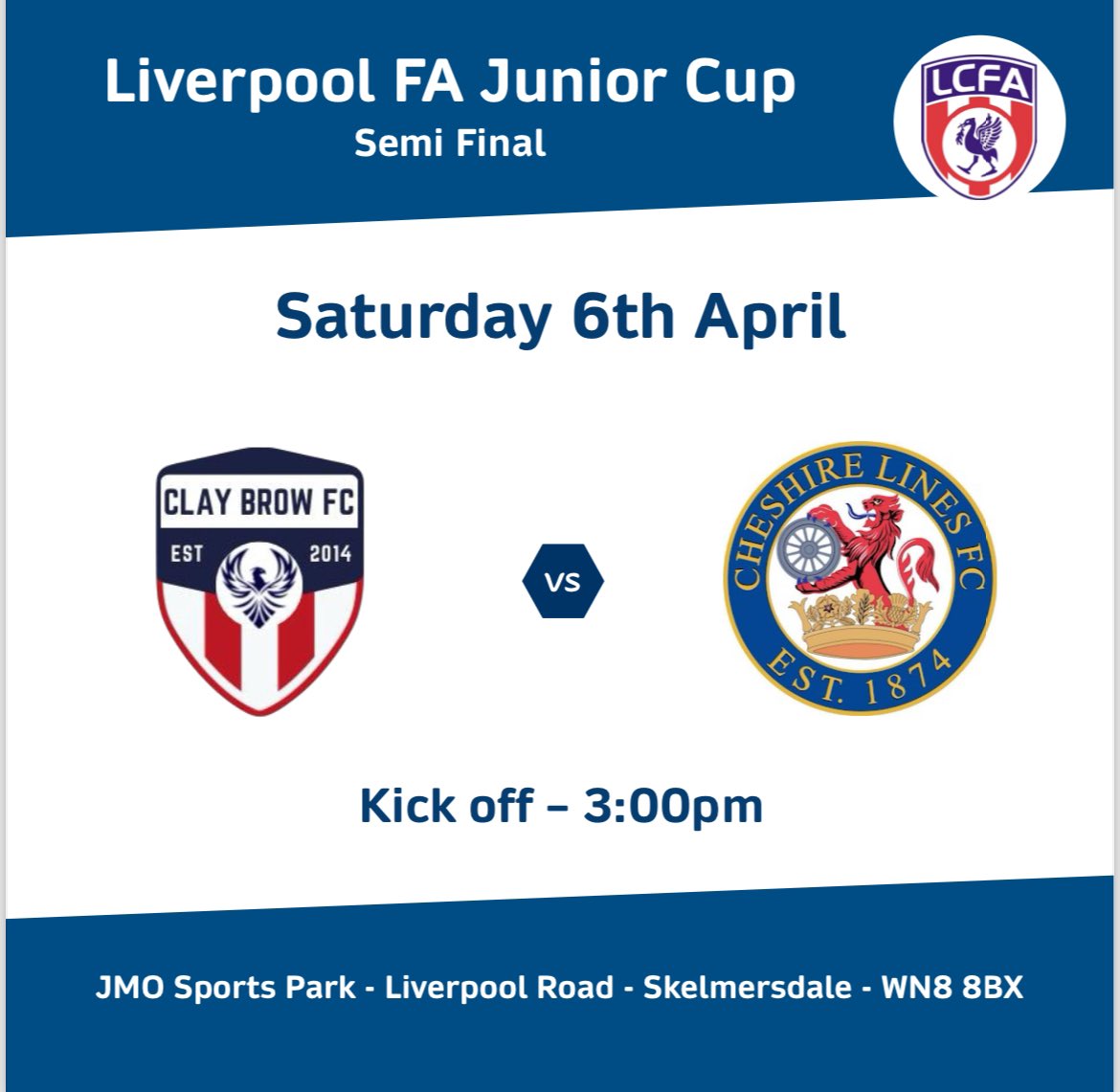 Tomorrow sees us host Cheshire Lines in the @Liverpool_CFA Junior Cup Semi Final, 15:00 ko at @jmosportspark. We know we will have to be at our absolute best to win this one against a very good Cheshire Lines side. Get yourselves down & show your support! Up the Brow 😎⚽️