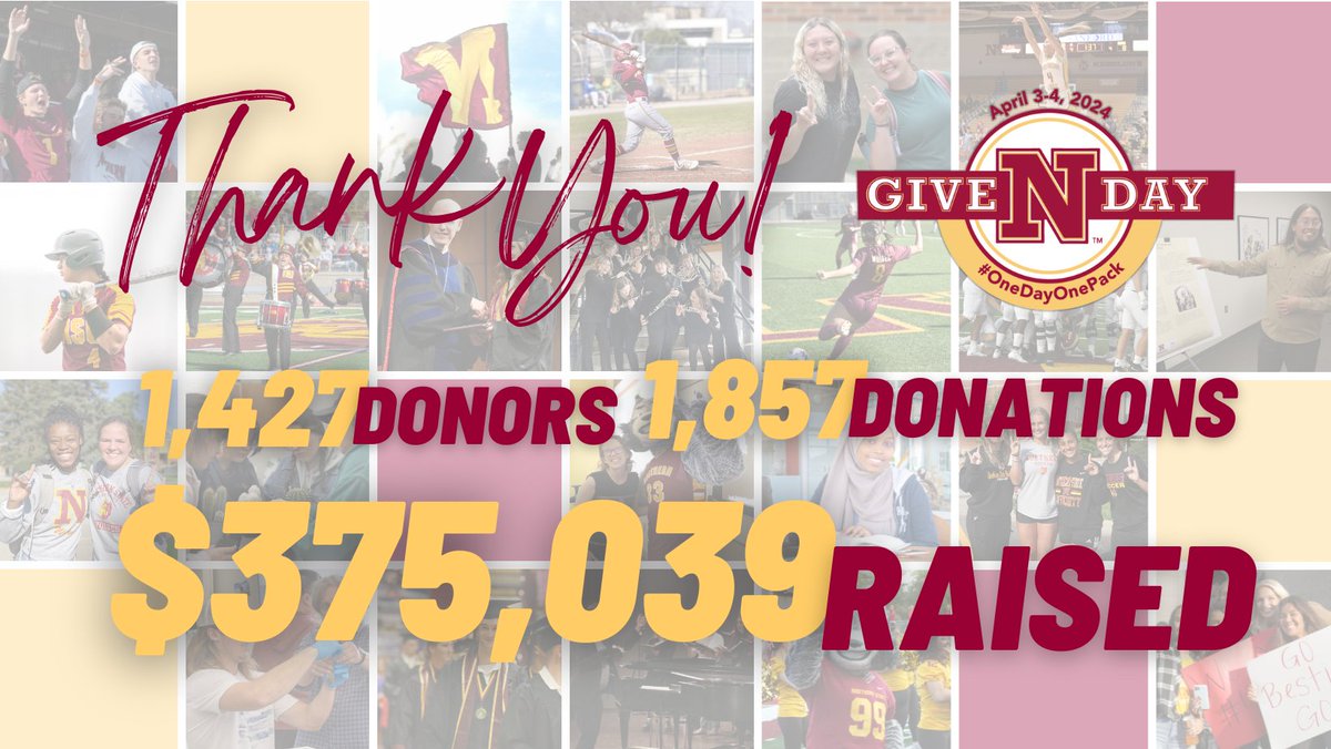 AlumniNSU's tweet photo. WOW, WOLVES COUNTRY! $375,039 from 1,427 generous supporters, and we still have more coming in! Thank you so much Wolves Nation! Final results coming soon! Stay Tuned!

#OneDayOnePack #GiveNDay #NorthernStateU https://t.co/zvvHRjGQVy