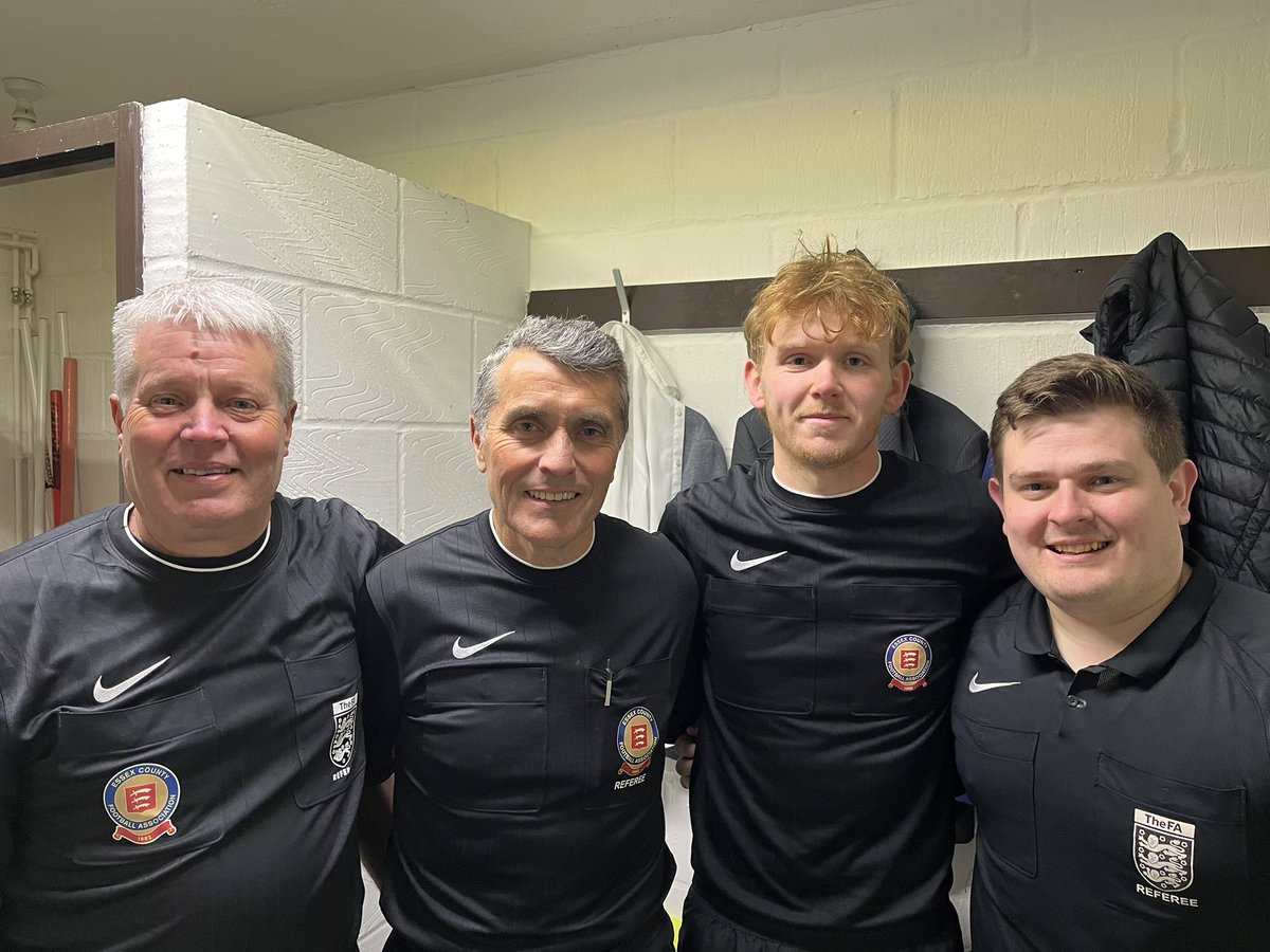 Congratulations to Adrian, Chay, Sam and Simon for officiating the Essex Sunday Veterans Cup Final on Wednesday evening at Great Wakering Rovers FC 👏 #DevelopedInEssex